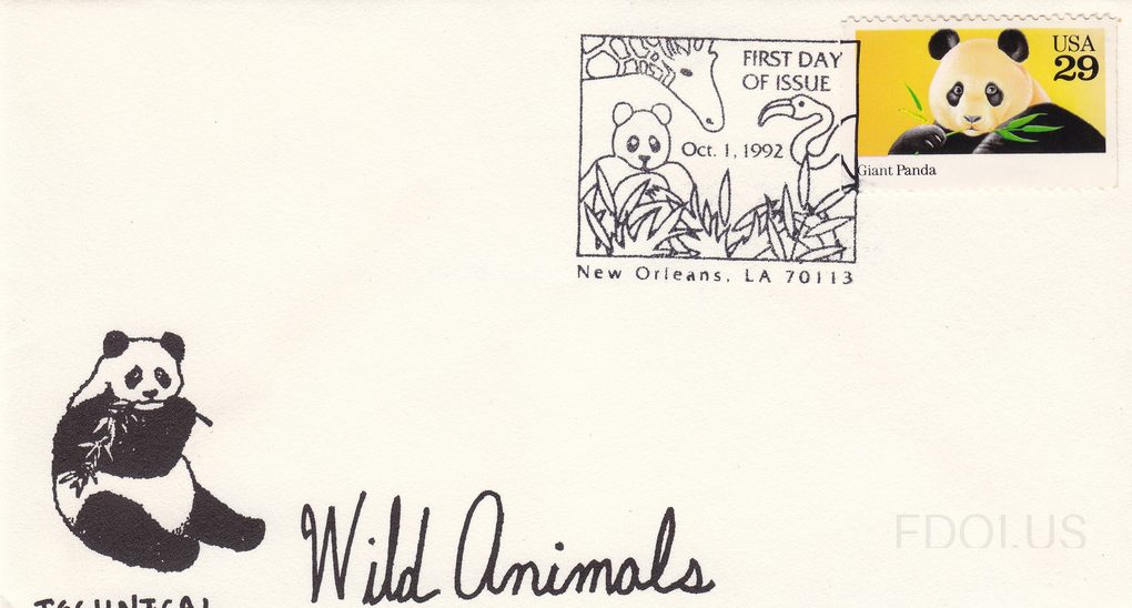 The cachet features a black ink rubber stamp illustration of a giant panda sitting and eating bamboo, with the handwritten text 'Wild Animals' in cursive below it. The stamp is a 29-cent USA Giant Panda stamp showing a full-color panda against a yellow background eating bamboo. The pictorial cancel…