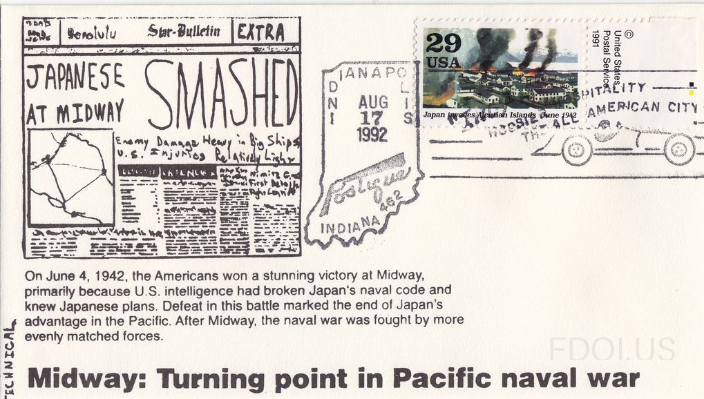 The cachet features a black-and-white newspaper front page design from the Honolulu Star-Bulletin Extra with the headline 'JAPANESE SMASHED AT MIDWAY' along with subheadlines about enemy damage and U.S. injuries. Below the artwork, explanatory text describes the American victory at Midway on June 4…