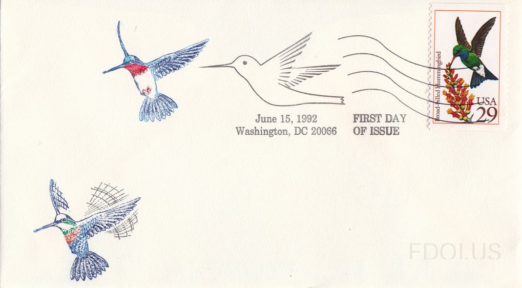 The cachet features two detailed illustrations of hummingbirds rendered in blue ink with selective color highlighting — the upper bird displays a red throat patch and the lower bird shows green and red coloring on its body, suggesting different hummingbird species. The artwork style uses fine line …