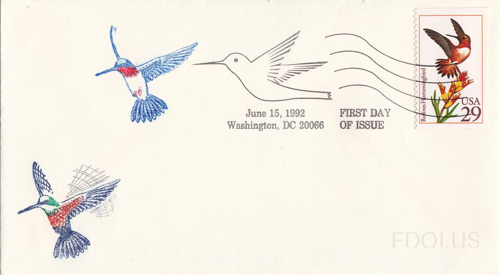 The cachet features two detailed hummingbirds rendered in blue ink with red and green accents — one in the upper left and one in the lower left — both depicted in flight. The postmark cancellation includes a line-art hummingbird with wavy cancellation lines. The stamp is the USA 29-cent Rufous Humm…
