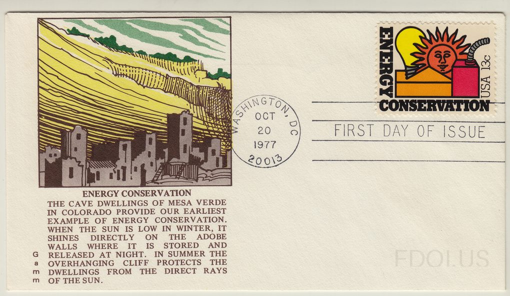 The cachet features a woodcut-style illustration of the cliff dwellings at Mesa Verde, Colorado, with golden canyon walls and green foliage above the ancient pueblo structures. The cachet text explains how the cave dwellings represent early energy conservation through passive solar heating in winte…