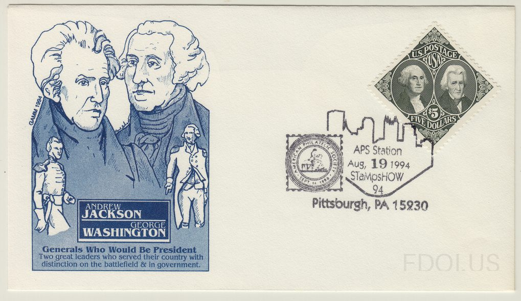 Washington and Jackson, five dollar