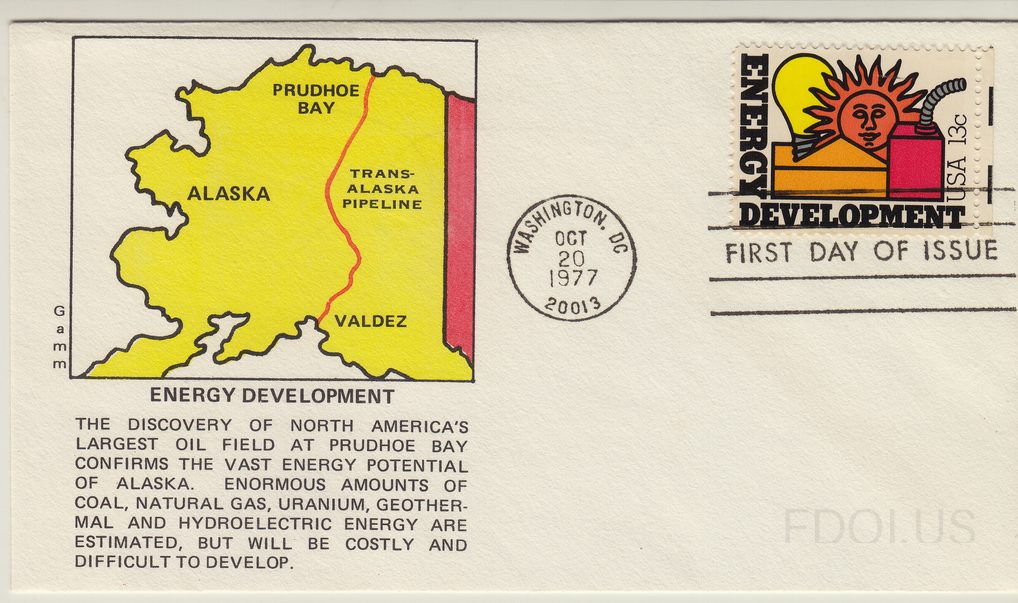 The cachet features a yellow map of Alaska with the Trans-Alaska Pipeline route marked in red, connecting Prudhoe Bay in the north to Valdez in the south. Below the map is text about North America's largest oil field discovery at Prudhoe Bay and Alaska's energy potential. The stamp is a 13-cent USA…