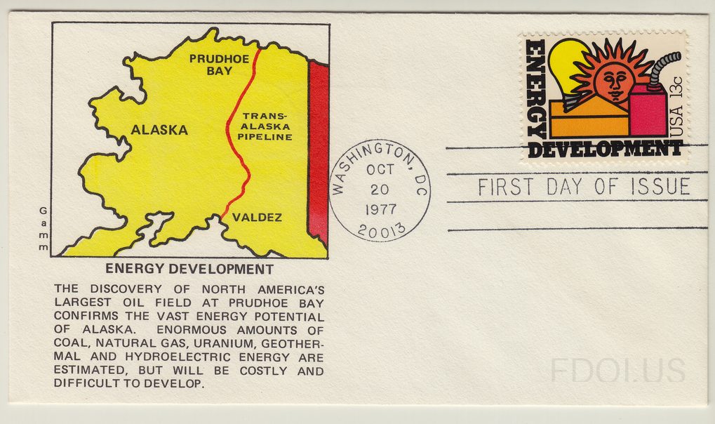 The cachet features a yellow map of Alaska with the Trans-Alaska Pipeline route marked in red, running from Prudhoe Bay in the north to Valdez in the south. Below the map, text describes Alaska's energy potential including oil, coal, natural gas, uranium, geothermal, and hydroelectric resources. Th…