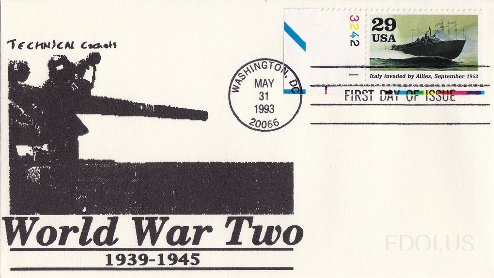 The black-and-white cachet features a silhouetted anti-aircraft gun crew aboard a warship, with bold text reading 'World War Two 1939-1945' below. The 29-cent USA stamp depicts a PT boat at sea with the caption 'Italy invaded by Allies, September 1943.' The postmark is a standard circular machine c…