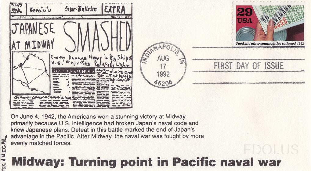 The cachet artwork by Technical Cachets depicts a reproduction of the Honolulu Star-Bulletin 'EXTRA' edition with the headline 'JAPANESE AT MIDWAY SMASHED,' including subheadings about enemy damage and U.S. injuries. Below the newspaper image, text explains that on June 4, 1942, Americans won a stu…