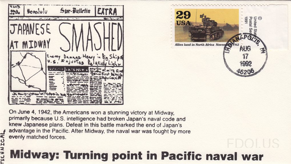 The cachet features a hand-drawn reproduction of the Honolulu Star-Bulletin 'EXTRA' newspaper headline reading 'JAPANESE AT MIDWAY SMASHED' with subheadlines about enemy damage and U.S. casualties. Below the newspaper illustration, printed text narrates the American victory at the Battle of Midway …
