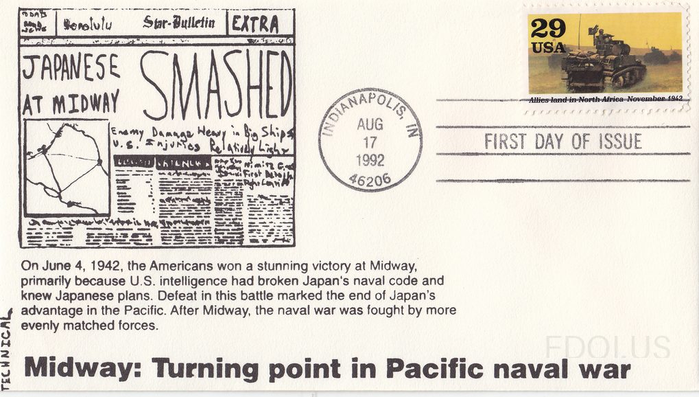 The cachet depicts a hand-drawn reproduction of the Honolulu Star-Bulletin 'EXTRA' newspaper front page with the headline 'JAPANESE AT MIDWAY SMASHED,' including a map and article text. Below the artwork is a descriptive paragraph about the Battle of Midway on June 4, 1942, and a bold title 'Midway…