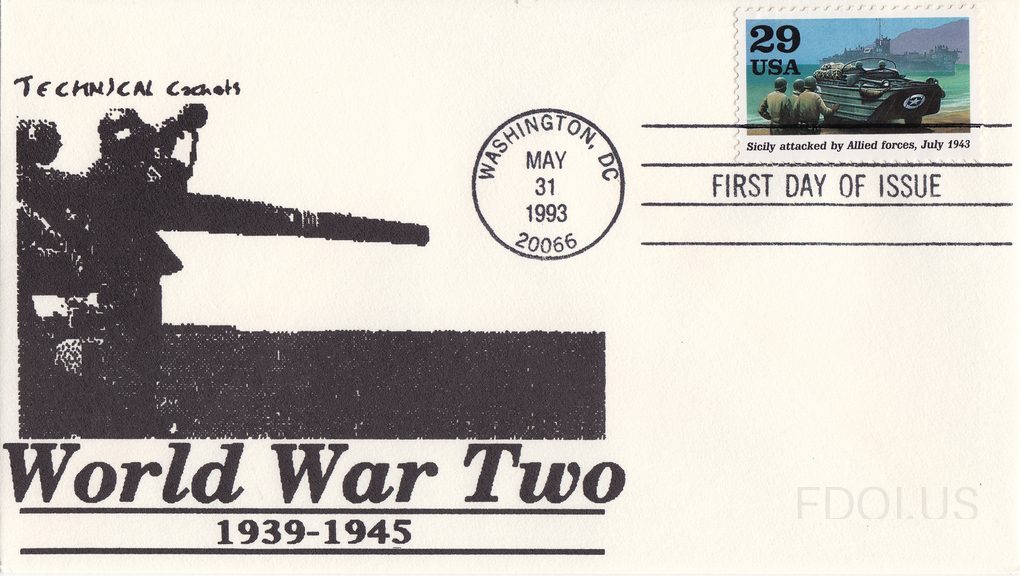 The black and white cachet artwork depicts soldiers operating a large artillery cannon or naval gun, rendered in a bold graphic style. The text 'World War Two 1939-1945' is prominently displayed at the bottom of the cachet. The 29-cent USA stamp shows an amphibious landing vehicle (DUKW) during the…