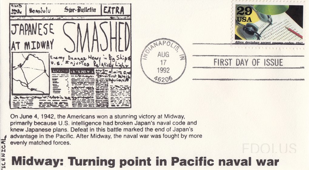 The cachet features a black-and-white illustration of a newspaper front page from the Honolulu Star-Bulletin with the headline 'JAPANESE AT MIDWAY SMASHED' and subheadings about enemy damage and U.S. casualties. Below the artwork is explanatory text describing the American victory at Midway on June…