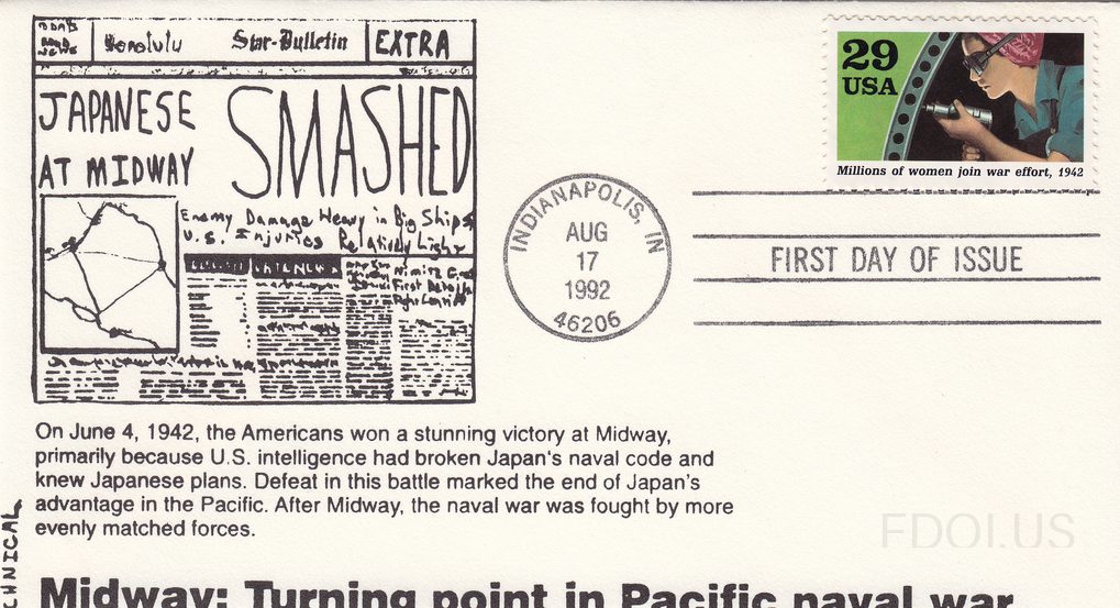 The cachet artwork depicts a hand-drawn replica of the Honolulu Star-Bulletin 'EXTRA' edition with the headline 'JAPANESE AT MIDWAY SMASHED,' including subheadlines about enemy damage and a map inset. Descriptive text below explains the Battle of Midway on June 4, 1942, and its significance in the …