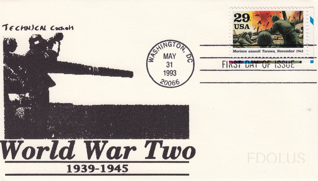 The cachet features a black silhouette illustration of a large anti-aircraft or naval gun with crew members, printed in stark black ink on white envelope stock. The text 'World War Two 1939-1945' appears in bold at the bottom of the cachet. The stamp is a 29-cent USA commemorative depicting Marines…