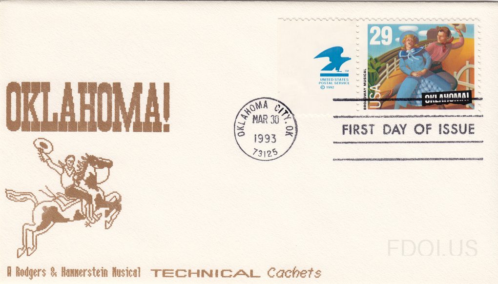 The cachet features bold brown text reading 'OKLAHOMA!' with an illustration of a cowboy on a galloping horse rendered in brown ink, referencing the Rodgers & Hammerstein Broadway musical. The 29-cent stamp depicts two figures from the musical — a woman in a blue dress and a man in a pink shirt dan…