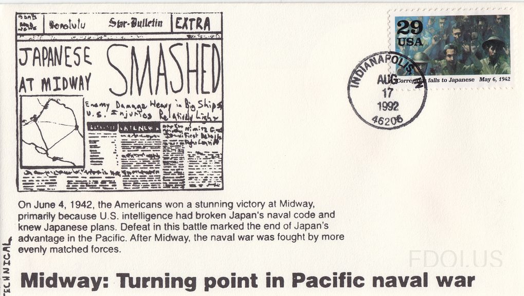 The cachet features a black-and-white illustration of the Honolulu Star-Bulletin newspaper front page with the headline 'JAPANESE AT MIDWAY SMASHED' along with subheadlines about enemy damage and U.S. injuries. Below the illustration is printed text explaining the American victory at the Battle of …
