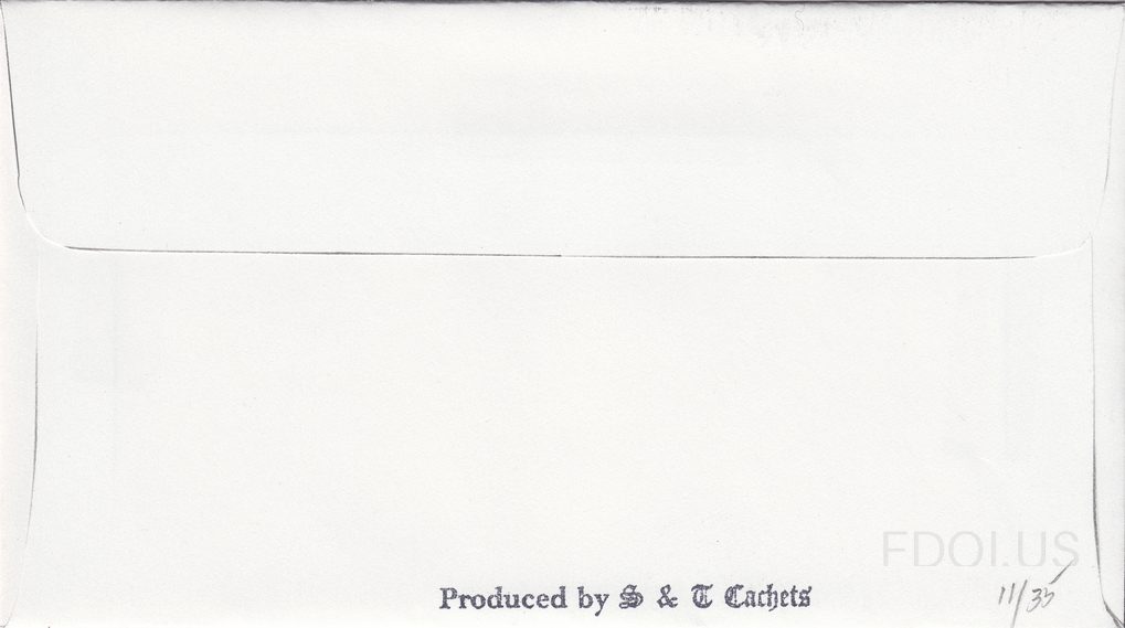 This image shows the back side of a First Day Cover envelope. The back is plain white with no cachet artwork visible. The only printed text reads 'Produced by S & T Cachets' in Old English/blackletter style font at the bottom center. A handwritten notation '11/35' appears in the lower right, sugges…