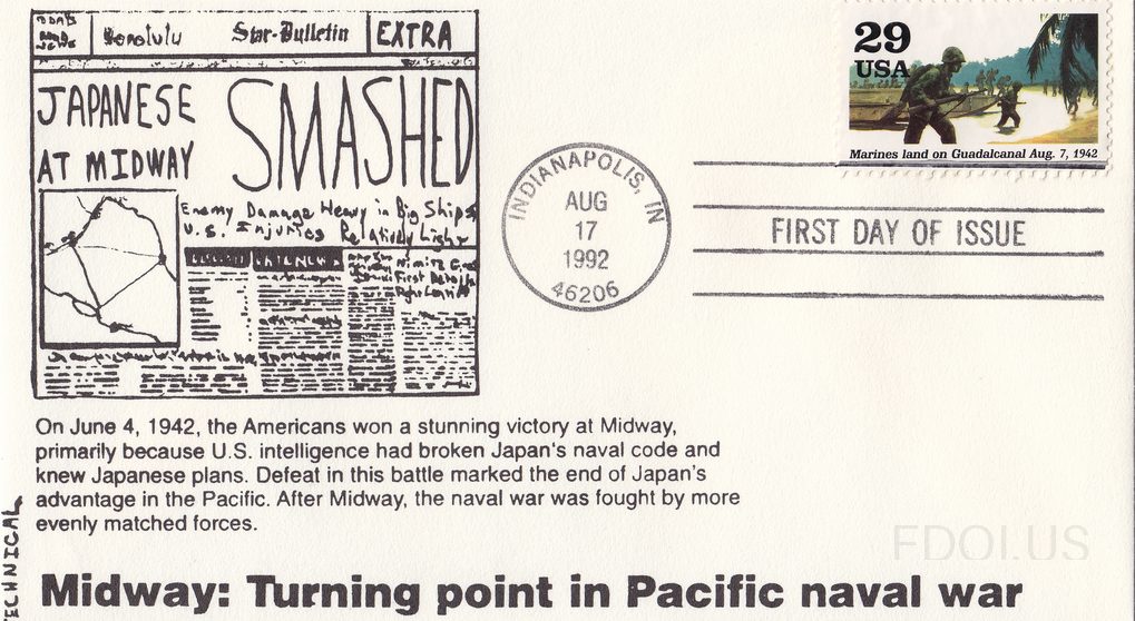 The cachet features a black-and-white reproduction of the Honolulu Star-Bulletin 'EXTRA' newspaper front page with the headline 'JAPANESE AT MIDWAY SMASHED,' including subheadlines about enemy damage and U.S. injuries. Descriptive text below explains the June 4, 1942 Battle of Midway and its signif…