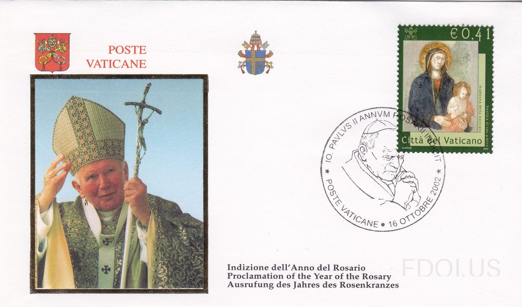 The cachet features a color photograph of Pope John Paul II in full papal vestments (green and gold mitre and robes) holding a crucifix staff and giving a blessing. The Vatican coat of arms and 'POSTE VATICANE' text appear in the upper left. The stamp (€0.41) depicts a medieval painting of the Mado…
