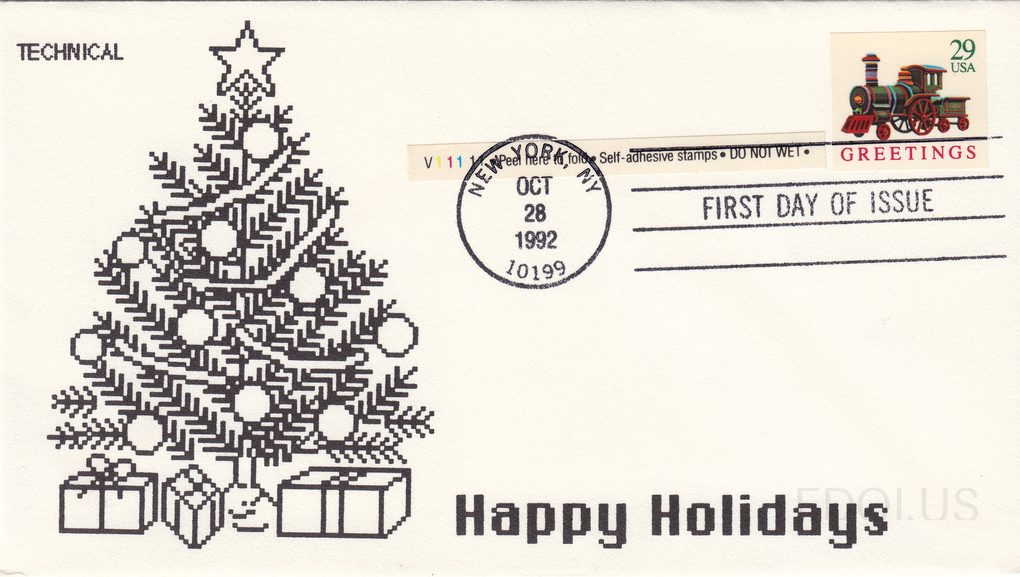 The cachet features a detailed black-and-white pixel/dot-matrix style illustration of a decorated Christmas tree with ornaments, a star topper, and wrapped gifts beneath it, with 'Happy Holidays' printed in bold black text at the bottom right and 'TECHNICAL' printed in the upper left corner. The st…