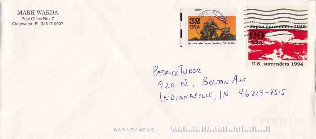 This cover features two stamps: a 32-cent USA stamp depicting Marines raising the flag on Iwo Jima (Feb. 23, 1945) with an orange/yellow background, and a local post stamp labeled 'Japan surrenders 1945' and 'U.S. surrenders 1994' with a red and white design suggesting a surrender scene. There is n…